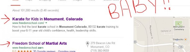 Front Page Results! My local biz has SEVEN listings on the front page of Google...